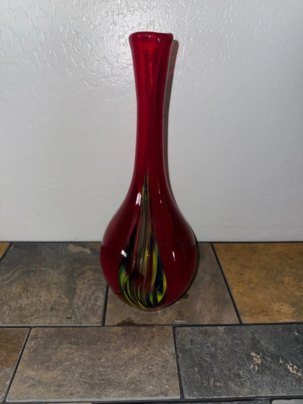 Pier 1 14.5 Red Handblown Glass Bud Vase with Multicolor Teardrop Accent